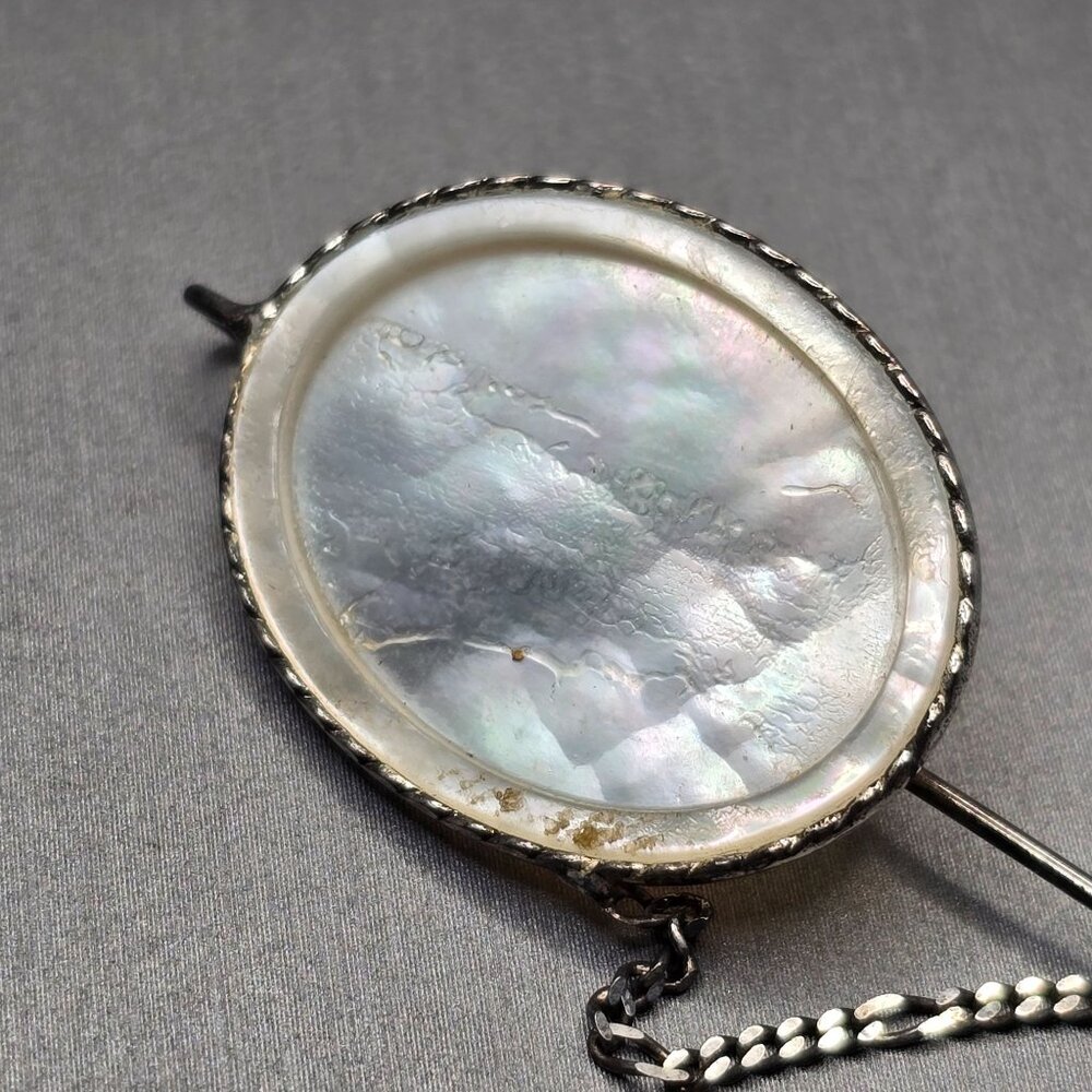 VTG Italian Sterling Silver MOP Stick Pin 3" Figaro Safety Chain - Picture 2 of 11